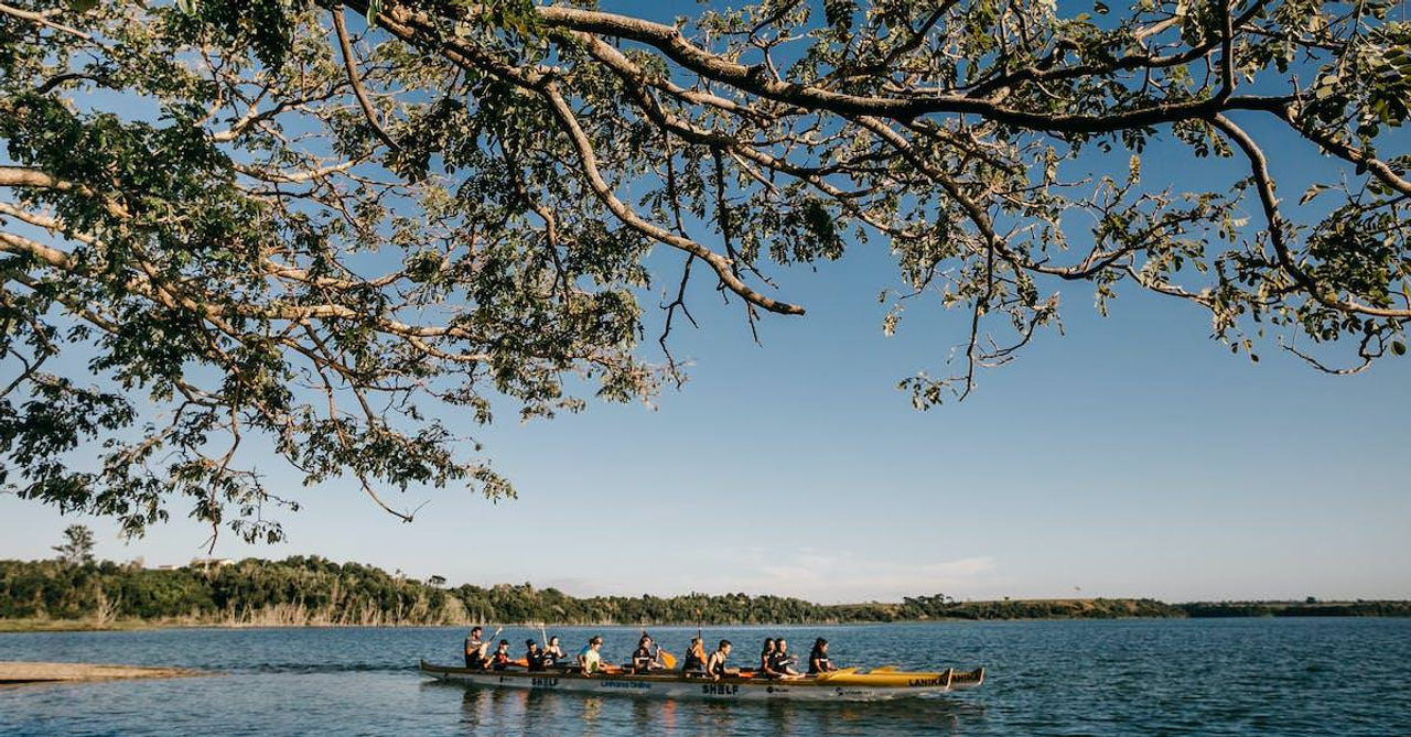 Anonymous sportspeople in canoes on river in summer