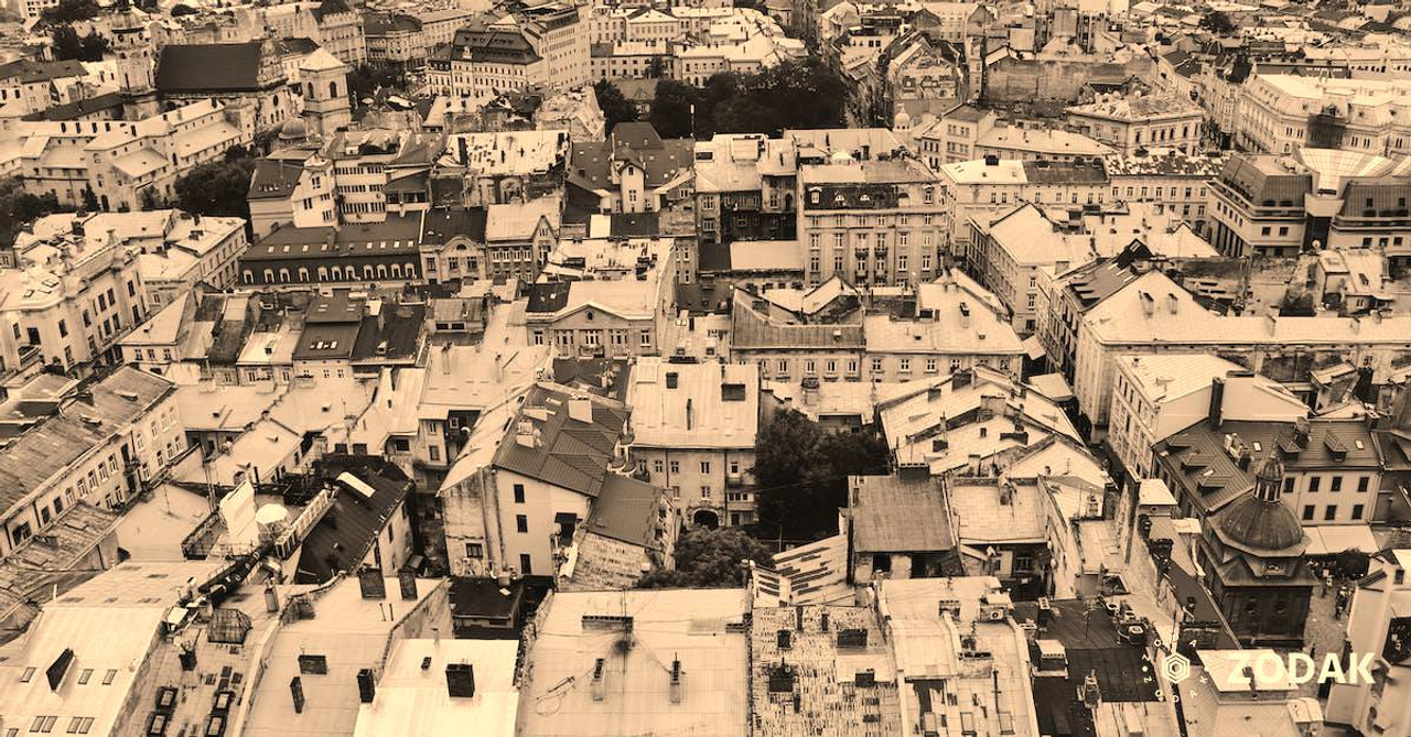 From above architecture and roofs of Lviv old town with typical colorful buildings and ancient churches